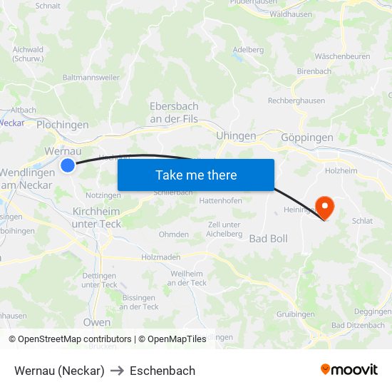 Wernau (Neckar) to Eschenbach map