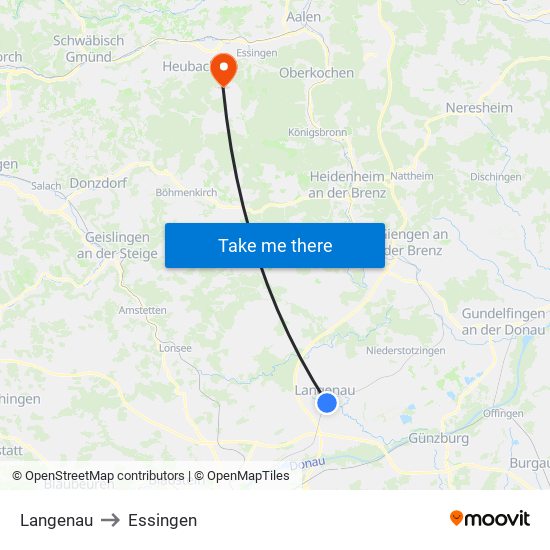Langenau to Essingen map