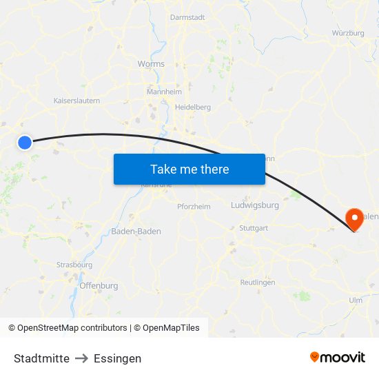 Stadtmitte to Essingen map