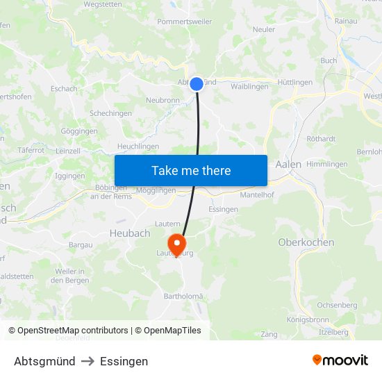 Abtsgmünd to Essingen map