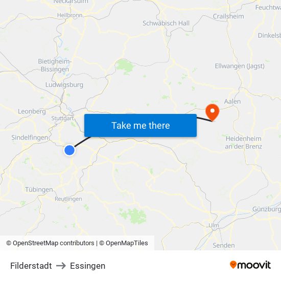 Filderstadt to Essingen map