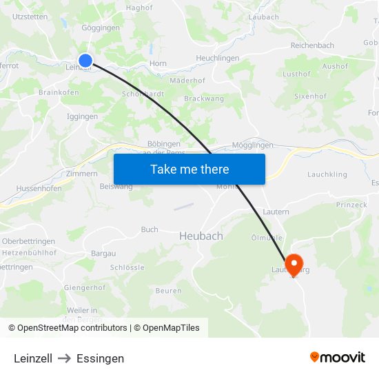 Leinzell to Essingen map