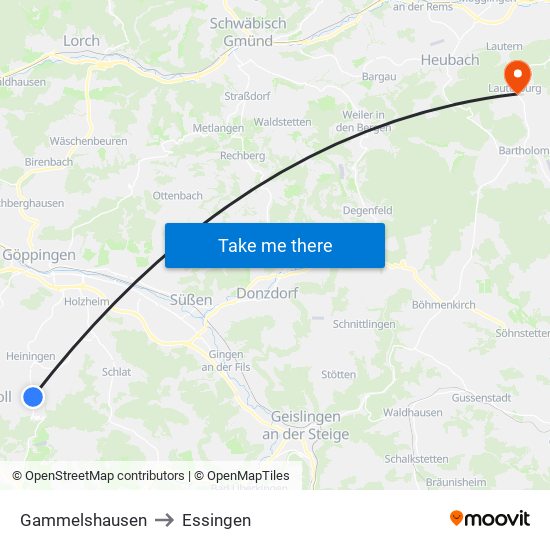 Gammelshausen to Essingen map