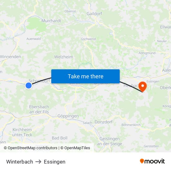 Winterbach to Essingen map