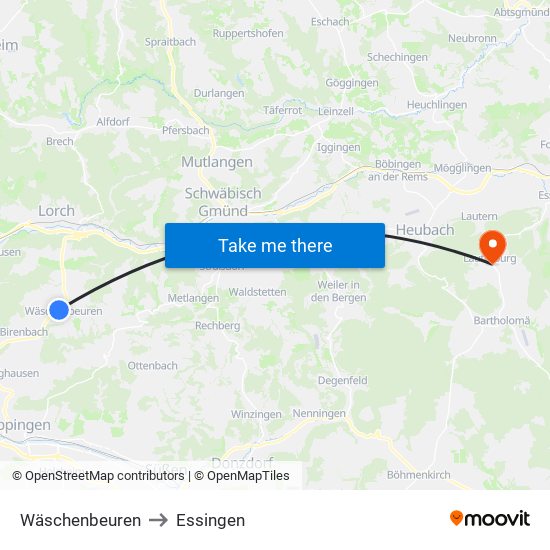 Wäschenbeuren to Essingen map