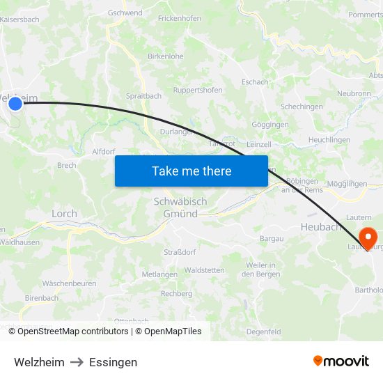 Welzheim to Essingen map