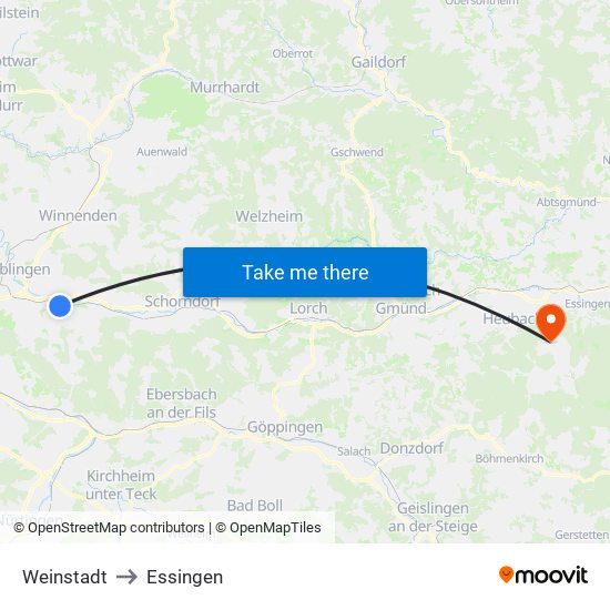 Weinstadt to Essingen map