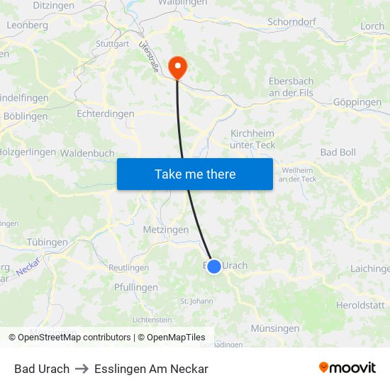 Bad Urach to Esslingen Am Neckar map