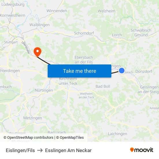 Eislingen/Fils to Esslingen Am Neckar map