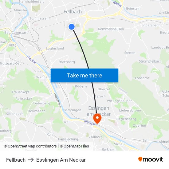 Fellbach to Esslingen Am Neckar map