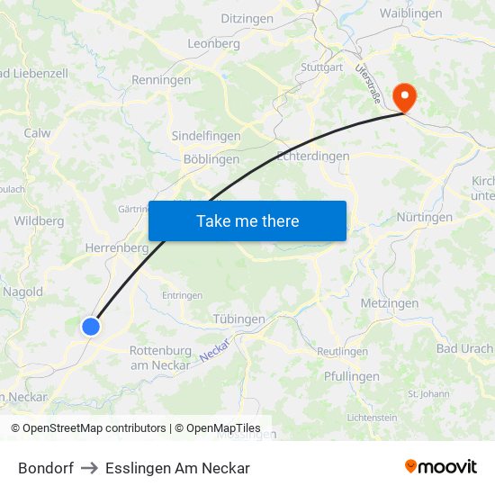 Bondorf to Esslingen Am Neckar map