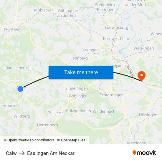 Calw to Esslingen Am Neckar map