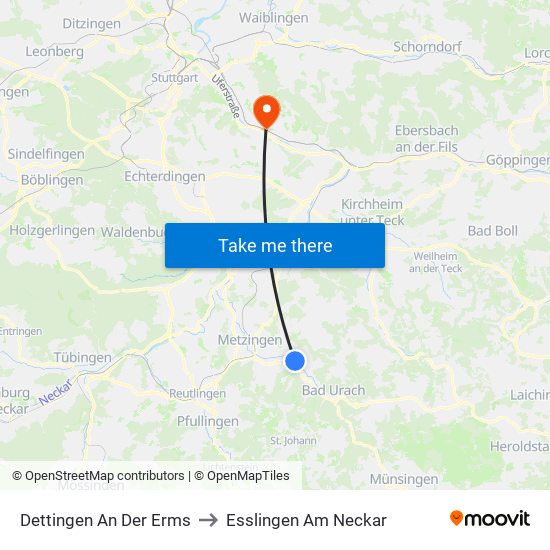 Dettingen An Der Erms to Esslingen Am Neckar map