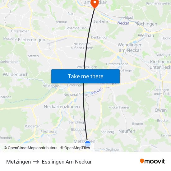 Metzingen to Esslingen Am Neckar map