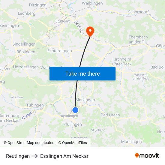 Reutlingen to Esslingen Am Neckar map