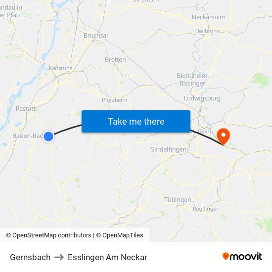 Gernsbach to Esslingen Am Neckar map