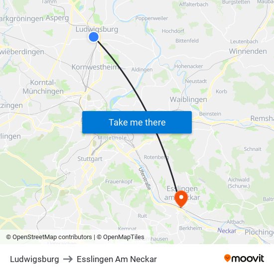 Ludwigsburg to Esslingen Am Neckar map