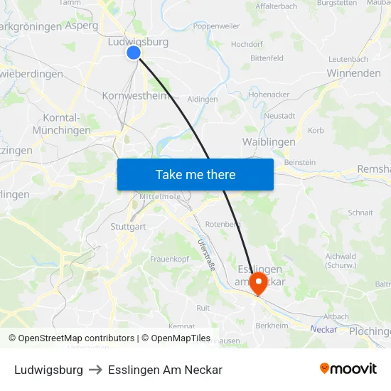 Ludwigsburg to Esslingen Am Neckar map