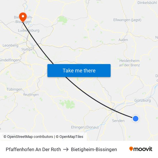 Pfaffenhofen An Der Roth to Bietigheim-Bissingen map