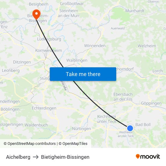 Aichelberg to Bietigheim-Bissingen map