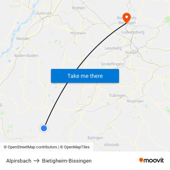 Alpirsbach to Bietigheim-Bissingen map