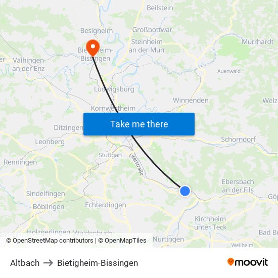 Altbach to Bietigheim-Bissingen map