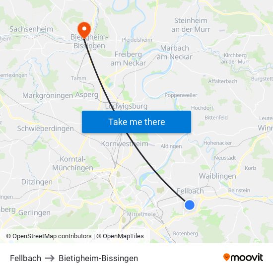 Fellbach to Bietigheim-Bissingen map