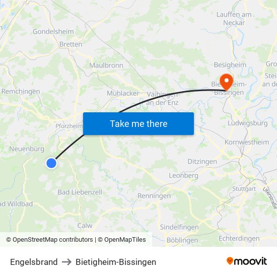 Engelsbrand to Bietigheim-Bissingen map