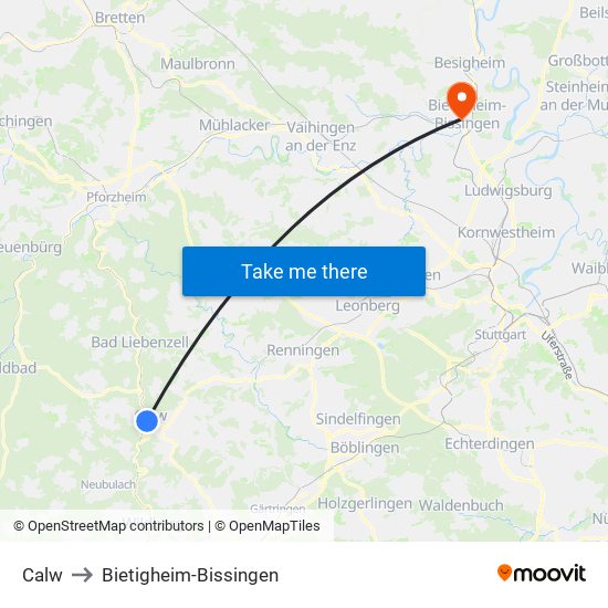 Calw to Bietigheim-Bissingen map