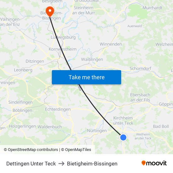 Dettingen Unter Teck to Bietigheim-Bissingen map