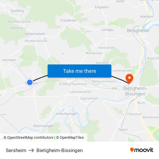 Sersheim to Bietigheim-Bissingen map