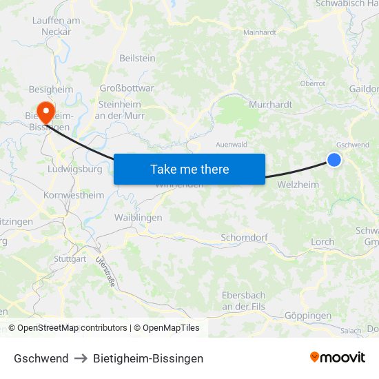 Gschwend to Bietigheim-Bissingen map