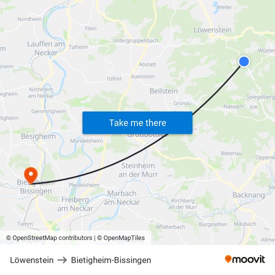 Löwenstein to Bietigheim-Bissingen map