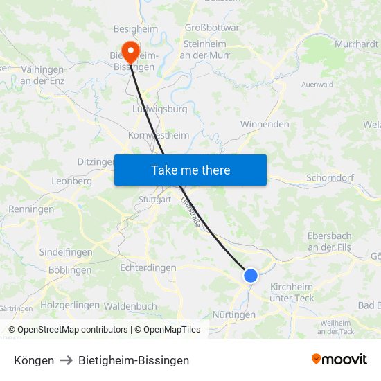 Köngen to Bietigheim-Bissingen map