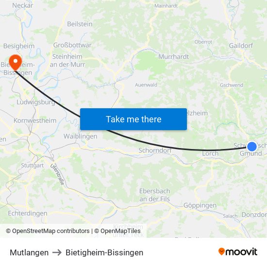 Mutlangen to Bietigheim-Bissingen map