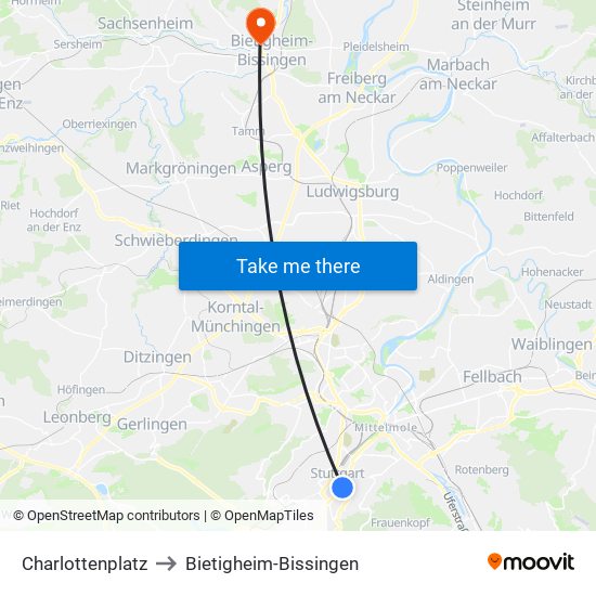 Charlottenplatz to Bietigheim-Bissingen map