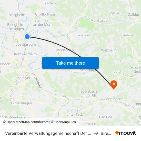 Vereinbarte Verwaltungsgemeinschaft Der Stadt Freiberg am Neckar to Birenbach map