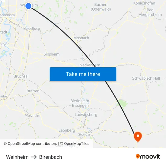 Weinheim to Birenbach map