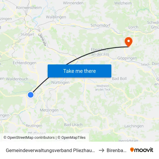 Gemeindeverwaltungsverband Pliezhausen to Birenbach map