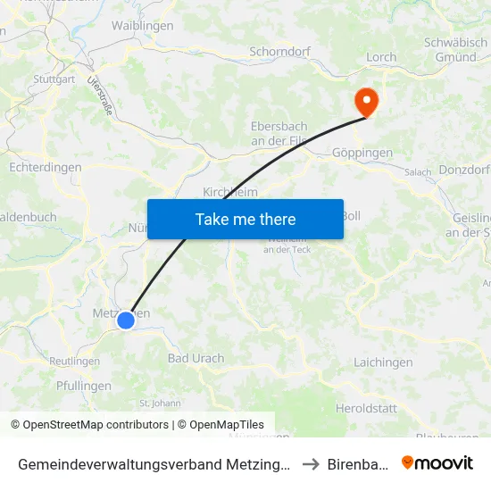 Gemeindeverwaltungsverband Metzingen to Birenbach map