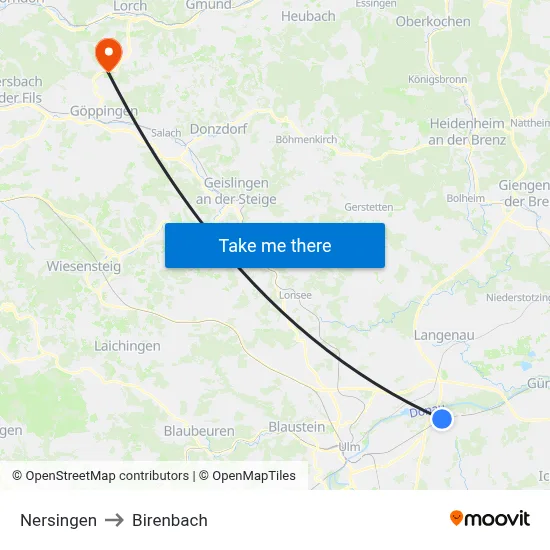 Nersingen to Birenbach map