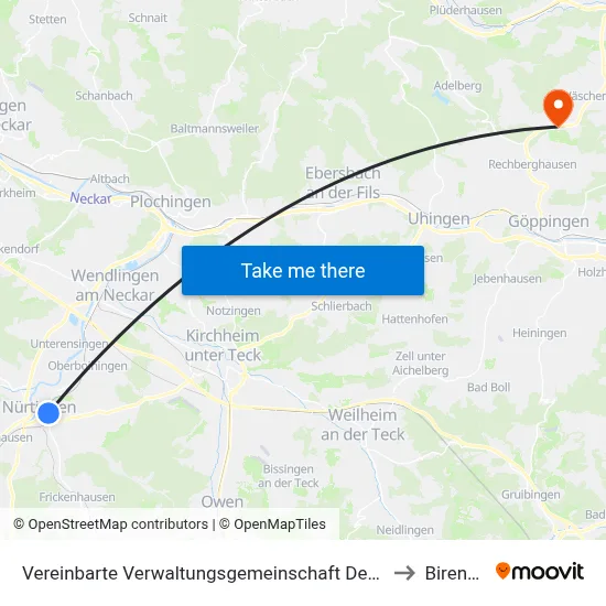 Vereinbarte Verwaltungsgemeinschaft Der Stadt Nürtingen to Birenbach map