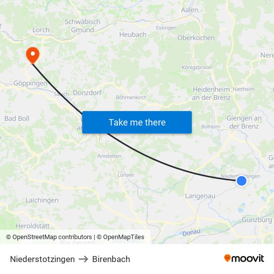 Niederstotzingen to Birenbach map