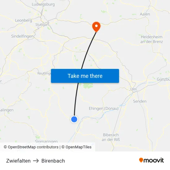 Zwiefalten to Birenbach map