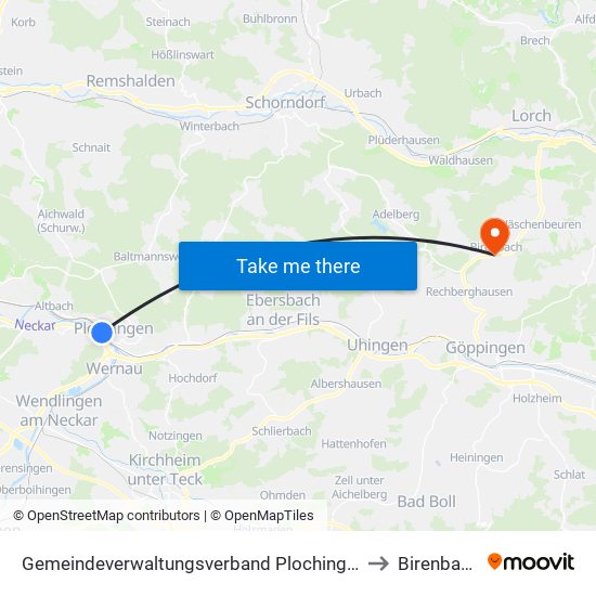 Gemeindeverwaltungsverband Plochingen to Birenbach map