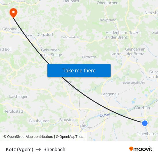 Kötz (Vgem) to Birenbach map