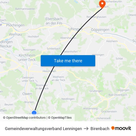 Gemeindeverwaltungsverband Lenningen to Birenbach map