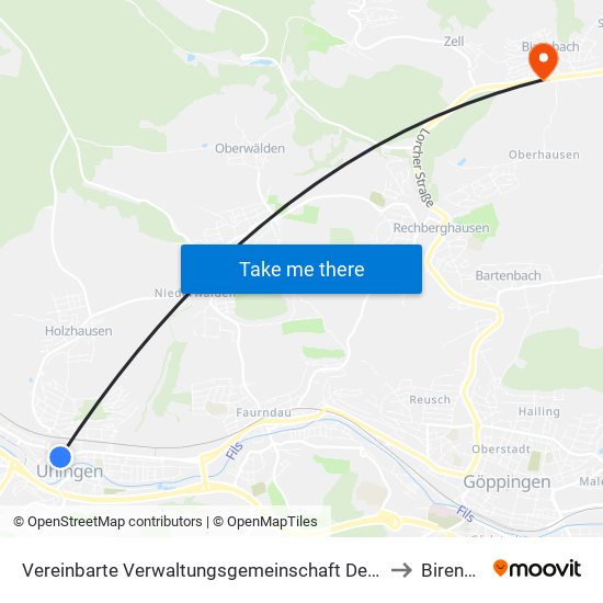 Vereinbarte Verwaltungsgemeinschaft Der Stadt Uhingen to Birenbach map