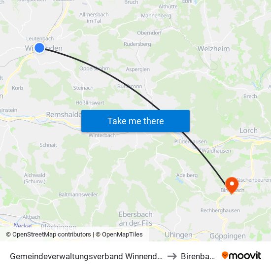 Gemeindeverwaltungsverband Winnenden to Birenbach map
