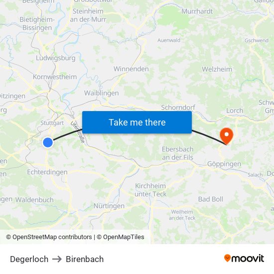 Degerloch to Birenbach map
